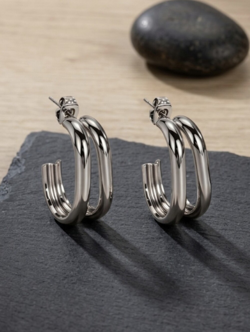 Silver Double C-Hoop Earrings 18K White Gold Plated Stainless Steel Chunky Stack